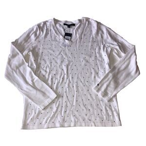 Tommy Hilfiger Women's Ivory Embellished V-Neck Sweater Size Medium NWT